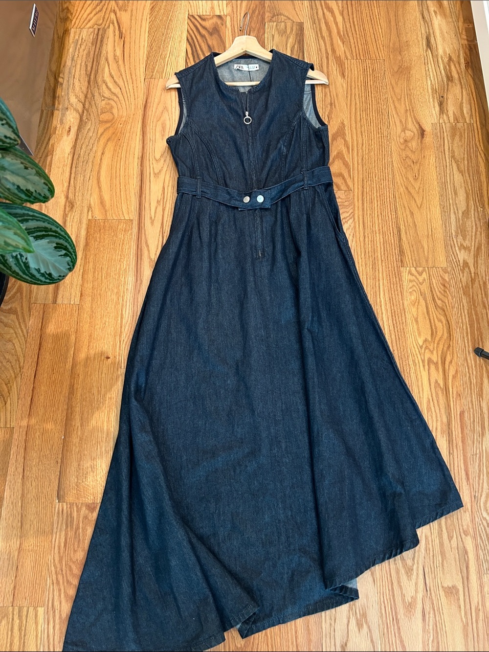 Zara Dark Blue Sleeveless Denim Maxi Dress with Belt